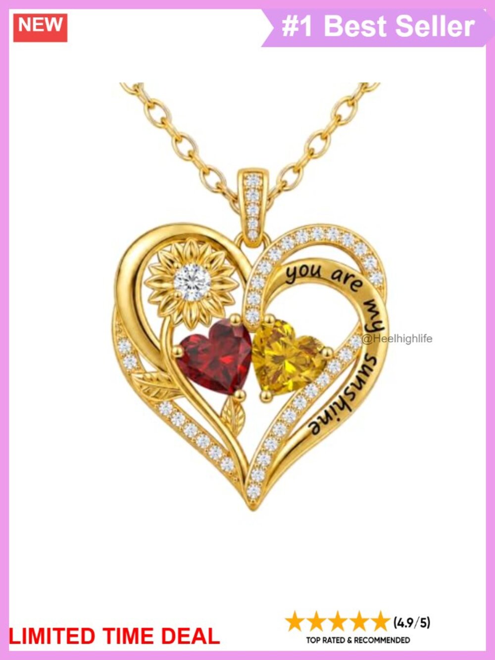 14K Gold Plated Double Heart Sunflower Pendant Necklace